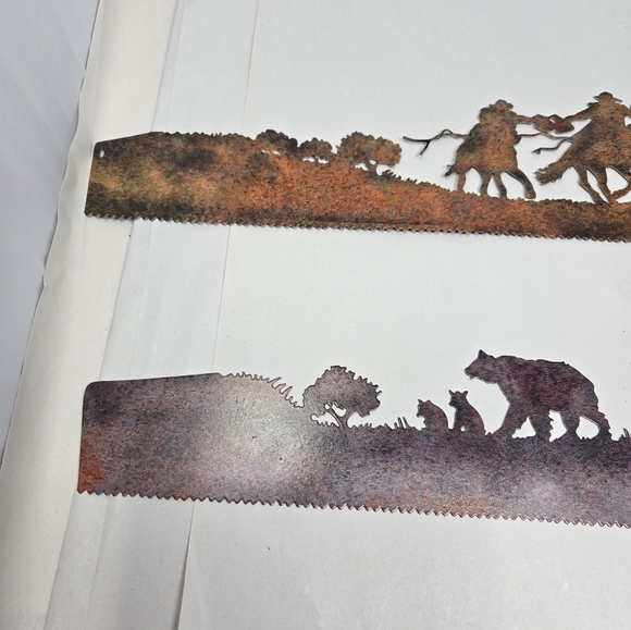 2 Decorative Hand Saws Silhouette Cowboys & Family Of Bears-Cabin Rusted Patina - Picture 5 of 16